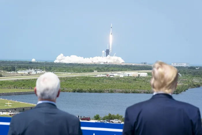 Framed Print : President Donald Trump and Vice President Mike Pence watch the SpaceX Mission 2 launch, for rendezvous with the International Space Station, May 30, 2020 (BSLOC_2020_5_10)