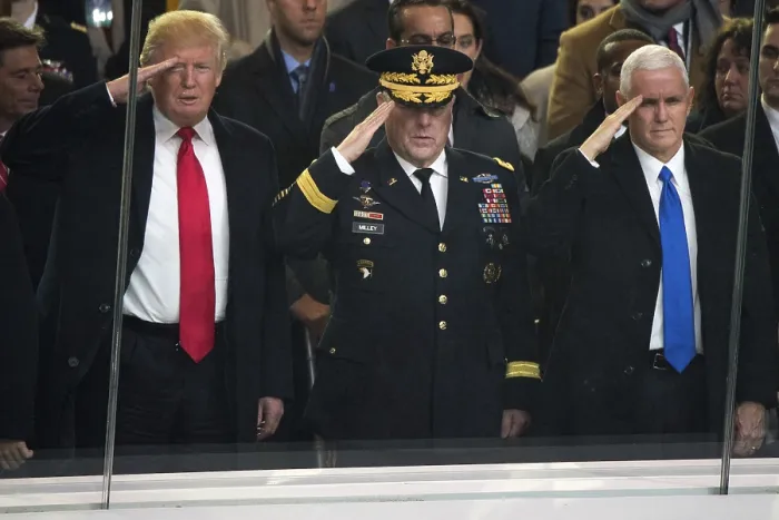 Framed Print : President Donald Trump and VP Mike Pence salute inaugural parade from White House reviewing stand, Jan. 20, 2017