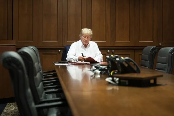 Framed Print : President Donald Trump works in the conference room of the Presidential Suite at Walter Reed National Military Medical Center in Bethesda, Maryland, Oct. 3, 2020