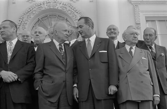 Framed Print : President Dwight D. Eisenhower standing with Senate Majority Leader Lyndon Johnson during a bipartisan luncheon at the White House. March 31, 1955 Framed Print : President Dwight D. Eisenhower standing with Senate Majority Leader Lyndon Johnson during a bipartisan luncheon at the White House. March 31, 1955