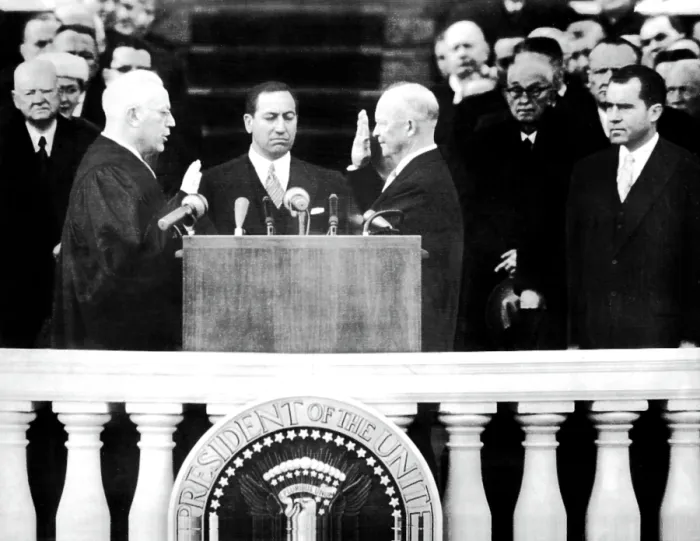 Framed Print : President Dwight D. Eisenhower (3rd from left), being sworn in for his 2nd term; Chief Justice Earl Warren (left), John T. Fey (2nd from left), Vice-President Richard M Framed Print : President Dwight D. Eisenhower (3rd from left), being sworn in for his 2nd term; Chief Justice Earl Warren (left), John T. Fey (2nd from left), Vice-President Richard M