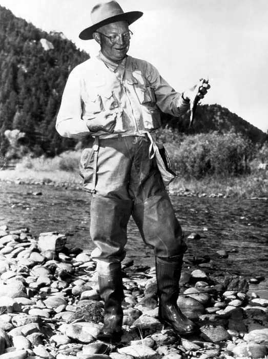 Framed Print : President Dwight D. Eisenhower fishing in the Platte River on Bal Swan's Ranch near Pine, Colorado. October 8, 1954. Courtesy: CSU Archives / Everett Collection Framed Print : President Dwight D. Eisenhower fishing in the Platte River on Bal Swan's Ranch near Pine, Colorado. October 8, 1954. Courtesy: CSU Archives / Everett Collection
