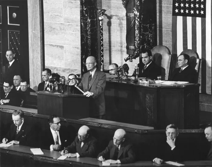 Framed Print : President Dwight Eisenhower delivering his 1954 State of the Union address to Congress. Jan. 7, 1954. VP Nixon and Speaker of the House Joseph Martin, sit behind the President