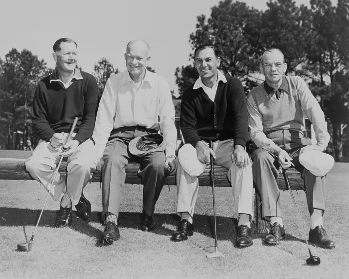Framed Print : President Dwight Eisenhower with Golf Champions at Augusta, Georgia, ca. 1953. L-R: Byron Nelson, the President, Ben Hogan, and Clifford Roberts. - (BSLOC_2014_16_101) Framed Print : President Dwight Eisenhower with Golf Champions at Augusta, Georgia, ca. 1953. L-R: Byron Nelson, the President, Ben Hogan, and Clifford Roberts. - (BSLOC_2014_16_101)