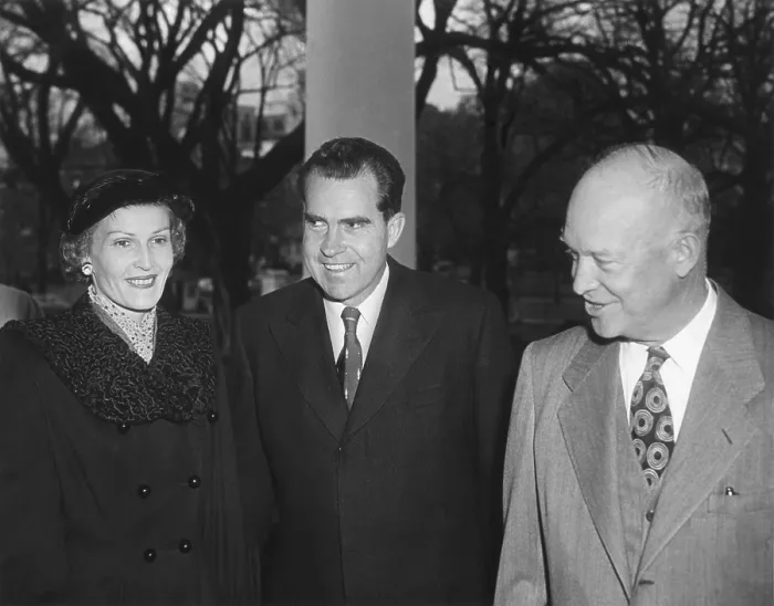 Framed Print : President Dwight Eisenhower with Richard and Pat Nixon after their return from East Asia. Dec. 14, 1953