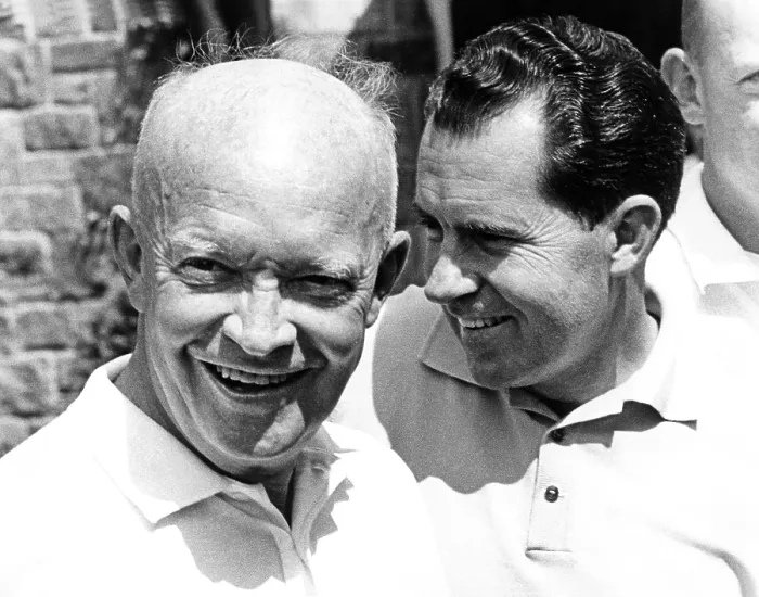 Framed Print : Former President Dwight Eisenhower and his Vice President, Richard Nixon meet to play golf Framed Print : Former President Dwight Eisenhower and his Vice President, Richard Nixon meet to play golf