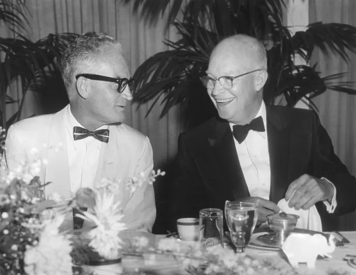 Framed Print : President Eisenhower with Arizona Senator Barry Goldwater. They talk at a testimonial dinner to honor Republicans in Congress. June 8, 1959. Sheraton Park Hotel Framed Print : President Eisenhower with Arizona Senator Barry Goldwater. They talk at a testimonial dinner to honor Republicans in Congress. June 8, 1959. Sheraton Park Hotel