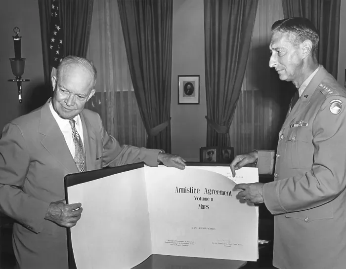 Framed Print : President Eisenhower with General Mark Clark displaying the Korean War Armistice Agreement Framed Print : President Eisenhower with General Mark Clark displaying the Korean War Armistice Agreement