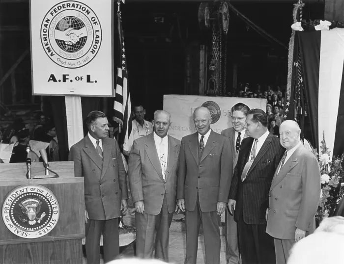 Framed Print : President Eisenhower with George Meany (left of DDE) and other officers of the AFL-CIO Labor Union