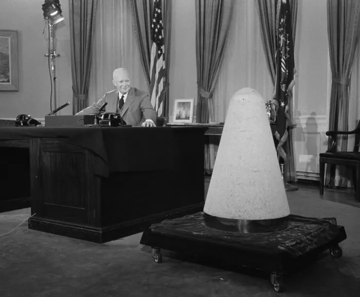 Framed Print : President Eisenhower giving a television speech about science and national security