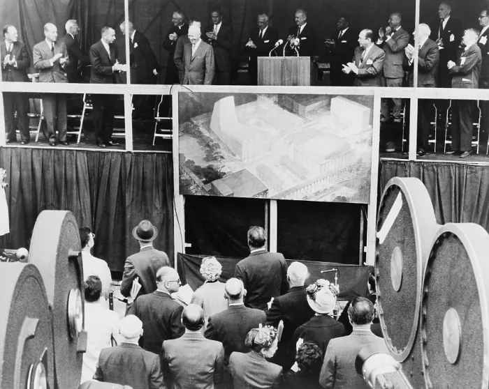 Framed Print : President Eisenhower at ground breaking ceremonies at Lincoln Center performing-arts complex. May 14, 1959. It was built on 16 acres of a run-down neighborhood