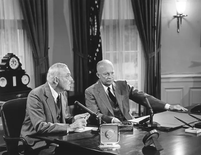 Framed Print : President Eisenhower introduced Sec. of State John Foster Dulles, who discussed the Suez crisis. Television and Radio broadcast from the Oval Office on Aug. 3, 1956 Framed Print : President Eisenhower introduced Sec. of State John Foster Dulles, who discussed the Suez crisis. Television and Radio broadcast from the Oval Office on Aug. 3, 1956