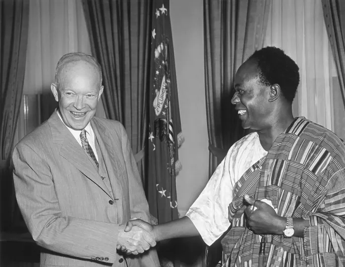 Framed Print : President Eisenhower with Kwame Nkrumah, President of Ghana. Nkrumah is wearing a traditional garment made of Kente Cloth. July 24, 1958. Oval Office - (BSLOC_2014_16_219) Framed Print : President Eisenhower with Kwame Nkrumah, President of Ghana. Nkrumah is wearing a traditional garment made of Kente Cloth. July 24, 1958. Oval Office - (BSLOC_2014_16_219)