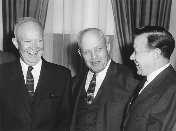 Framed Print : President Eisenhower with labor union leaders George Meany and Walter Reuther. March 13, 1958