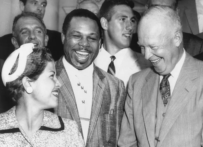 Framed Print : President Eisenhower laughs with champion golfer Barbara Romack and boxer Archie Moore. July 12, 1955. The White House hosted a luncheon for notables athletes. (CSU_2015_11_1523)