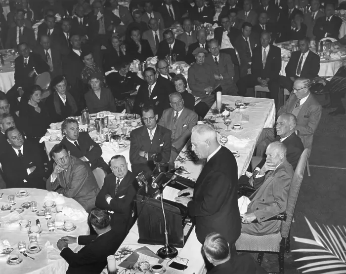 Framed Print : President Eisenhower listens as Chief Justice Earl Warren speaks at a Prayer Breakfast. Mayflower Hotel, Washington, D.C. Feb. 4, 1954. - (BSLOC_2014_16_116)