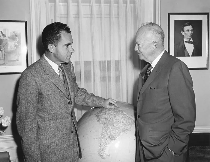 Framed Print : President Eisenhower meeting with VP Richard Nixon prior to his South American trip. April 25, 1958. - (BSLOC_2014_16_128)