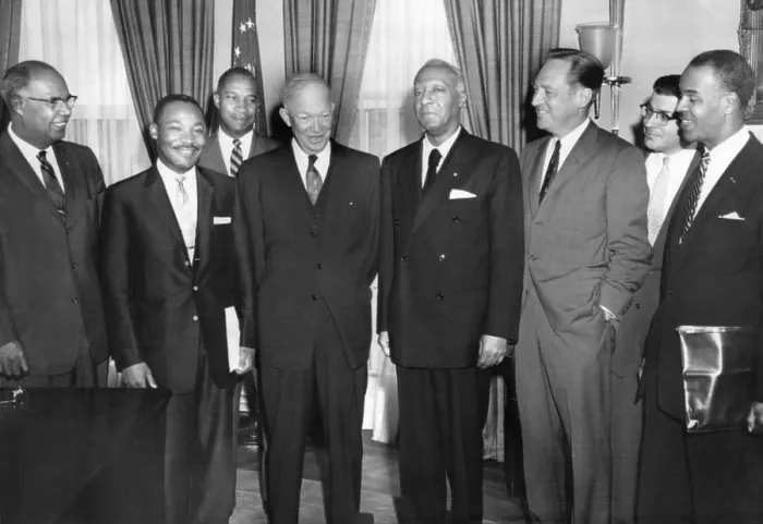 Framed Print : President Eisenhower meets with African American leaders. L-R: Lester Granger, National Urban league; Martin Luther Jr. King, Southern Leadership Conference; E
