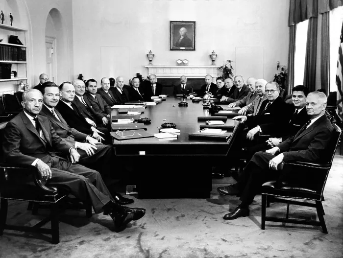 Framed Print : President Eisenhower poses with his second term Cabinet. Clockwise around the table: Wilton Persons, Pres