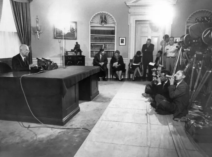 Framed Print : President Eisenhower reading a statement for newsreel and still photographers about sending US troops to Lebanon. July 15, 1958. (CSU_ALPHA_283) CSU Archives / Everett Collection