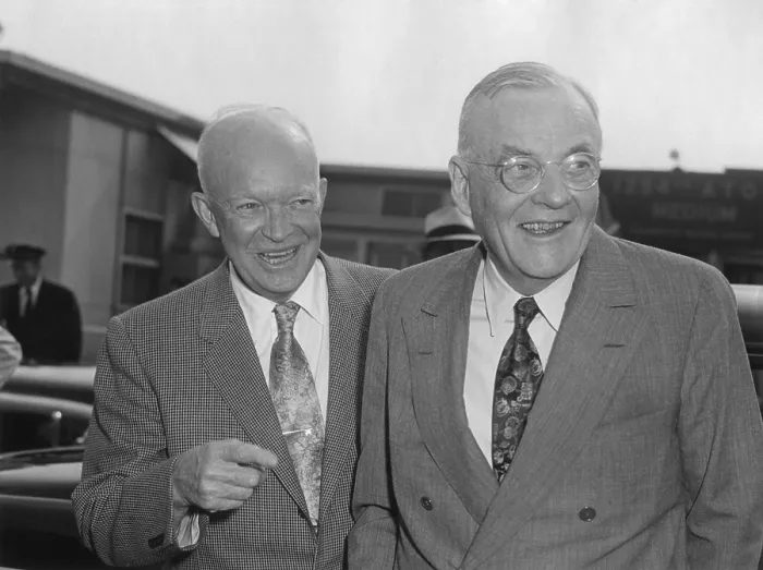 Framed Print : President Eisenhower with Secretary of State John Foster Dulles at Washington Airport. The President was seeing Dulles off for European Trip. July 25, 1958. - (BSLOC_2014_16_138) Framed Print : President Eisenhower with Secretary of State John Foster Dulles at Washington Airport. The President was seeing Dulles off for European Trip. July 25, 1958. - (BSLOC_2014_16_138)
