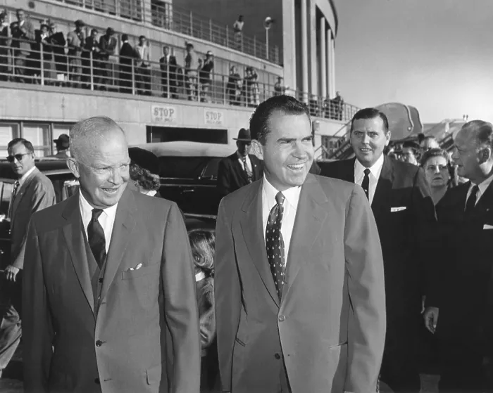 Framed Print : President Eisenhower seeing Richard Nixon off at National Airport. He attended a Republican Kick-off breakfast for VP Nixon, who was departing on an extensive campaign trip