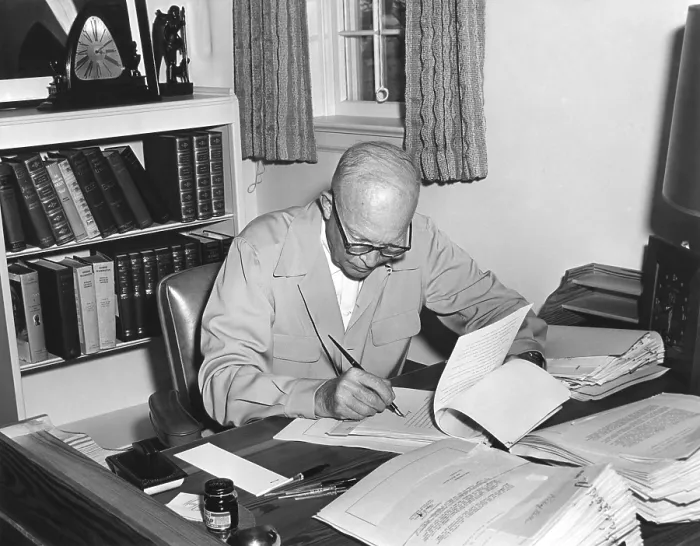 Framed Print : President Eisenhower signs various bills at his Gettysburg farm, Aug. 9, 1955. - (BSLOC_2014_16_237)
