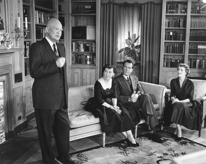 Framed Print : President Eisenhower speaking on election eve, Nov. 5, 1956. Seated are Mamie Eisenhower with Pat and Richard Nixon. - (BSLOC_2014_16_10) Framed Print : President Eisenhower speaking on election eve, Nov. 5, 1956. Seated are Mamie Eisenhower with Pat and Richard Nixon. - (BSLOC_2014_16_10)
