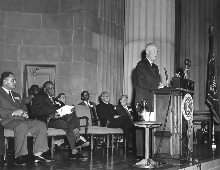 Framed Print : President Eisenhower speaks at the NAACP meeting. March 3, 1954. Ralph Bunche, 1950 Nobel Peace Laureate, sits at far left. - (BSLOC_2014_16_69)