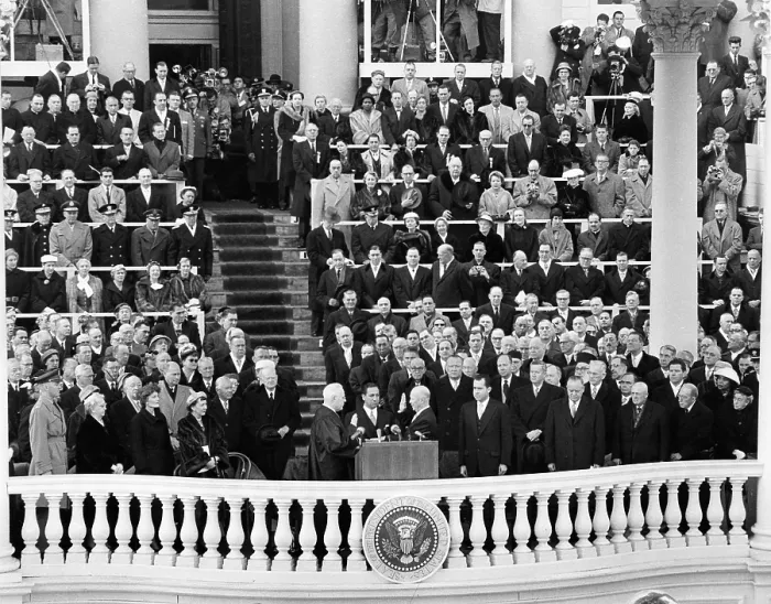 Framed Print : President Eisenhower sworn in by Chief Justice Earl Warren. Jan. 21, 1957. Group includes invited guests, Presidential families, and senior members of Congress Framed Print : President Eisenhower sworn in by Chief Justice Earl Warren. Jan. 21, 1957. Group includes invited guests, Presidential families, and senior members of Congress