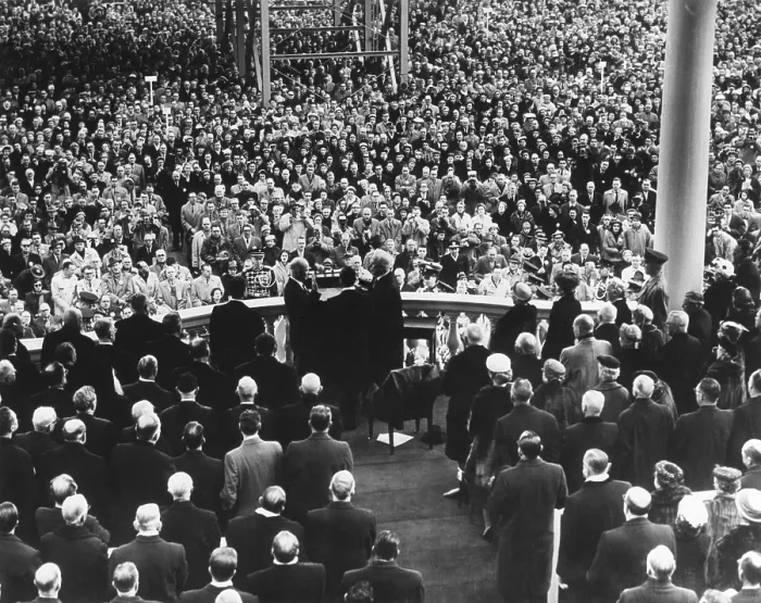 Framed Print : President Eisenhower sworn in by Chief Justice Earl Warren at the public Inauguration. Photo is taken from the back of the Inaugural stage showing the crowd below. Jan. 21, 1957 Framed Print : President Eisenhower sworn in by Chief Justice Earl Warren at the public Inauguration. Photo is taken from the back of the Inaugural stage showing the crowd below. Jan. 21, 1957
