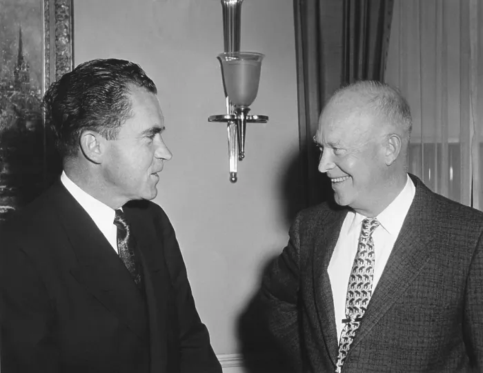 Framed Print : President Eisenhower and Vice President Nixon during the 1956 Presidential Campaign. They discussed Nixon's extensive campaign tour. - (BSLOC_2014_16_127)