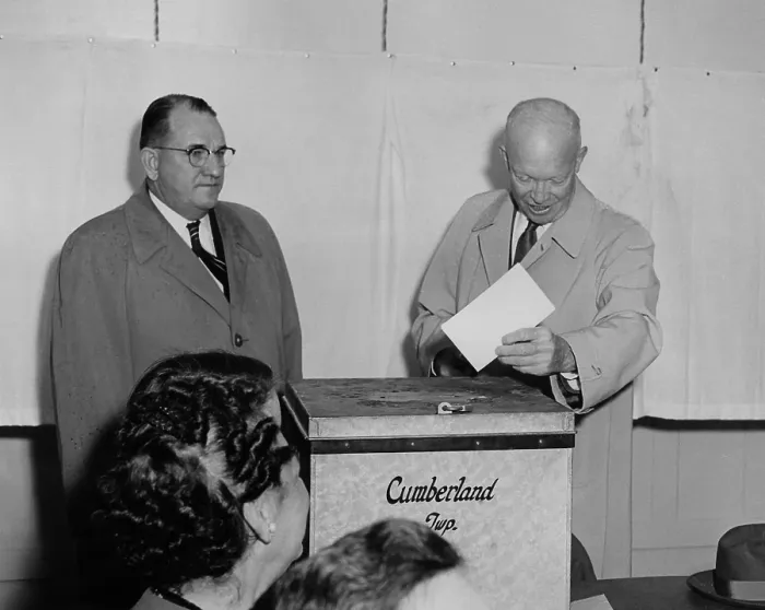 Framed Print : President Eisenhower voting 1956 at the Cumberland County Election House. Nov. 6, 1956. It was near the President's Gettysburg Farm in Pennsylvania. - (BSLOC_2014_16_11)