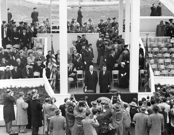Framed Print : President Eisenhower and VP Nixon together on the White House Inaugural parade pavilion. Jan. 20, 1953. - (BSLOC_2014_16_26)