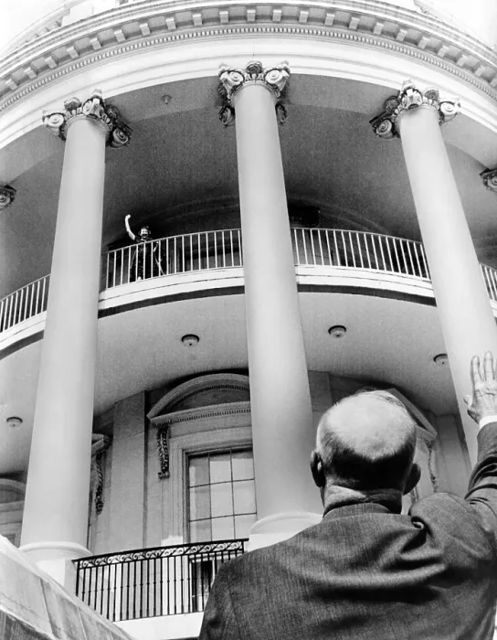 Framed Print : President Eisenhower waves to his wife Mamie from the White House lawn. Ca. 1953-1960 (CSU_ALPHA_226) CSU Archives / Everett Collection