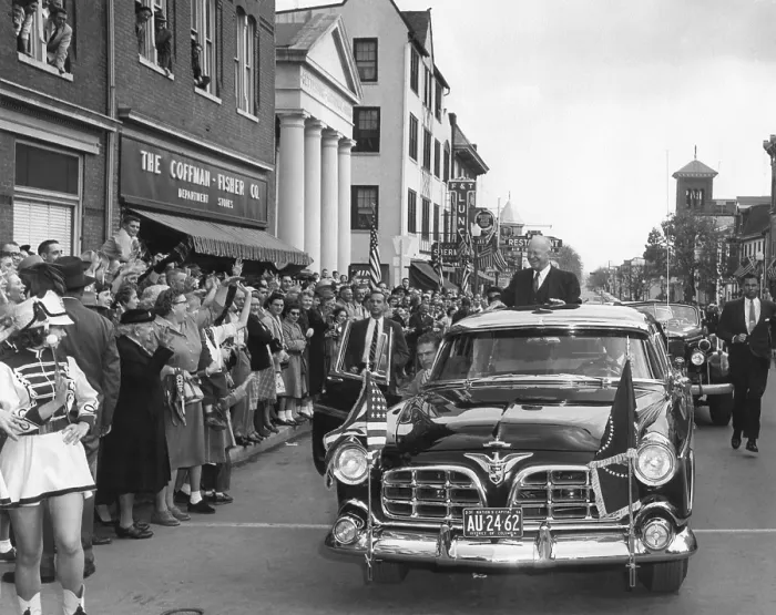 Framed Print : President Eisenhower is welcomed by crowd in Gettysburg on Nov. 14, 1955. He had been hospitalized at Fitzsimons Army Hospital in Denver for seven weeks after his Sept