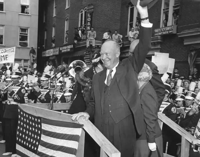 Framed Print : President Eisenhower is welcomed back to Gettysburg on Nov. 14, 1955. He would continue his recuperation from his Sept. 24, 1955 heart attack at his Gettysburg farm