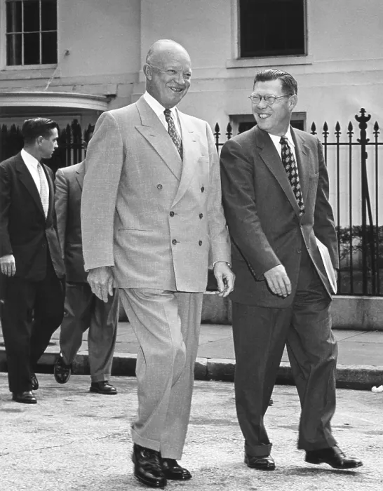 Framed Print : President Eisenhower and White House Press Secretary James Hagerty, on way to a press conference. May 19, 1954. - (BSLOC_2014_16_117)