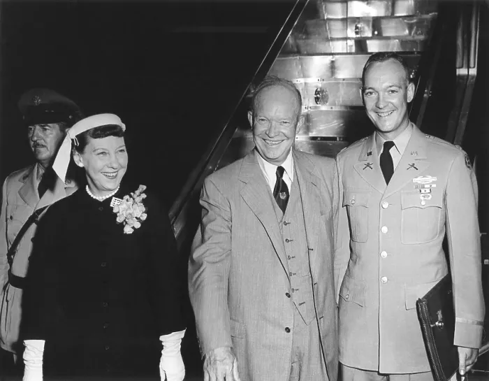 Framed Print : President Eisenhower's family departs for the Geneva Summit Conference. L-R: First Lady, the President, and their son, Major John Eisenhower