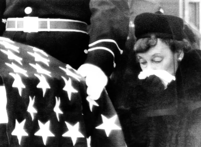 Framed Print : President Eisenhower's funeral. Mamie Eisenhower, the former President's widow, weeps during the burial services at the Eisenhower Library. April 2, 1969