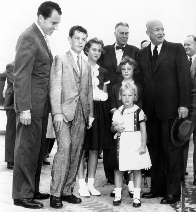 Framed Print : President Eisenhower's grandchildren see him off on his trip the East Asia. L-R: Vice Pres