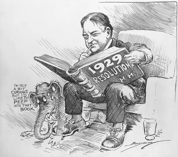 Framed Print : President-Elect Herbert Hoover reading a book entitled 1929 Resolutions, H.H. A worried GOP elephant looks on, wondering what he plans to do