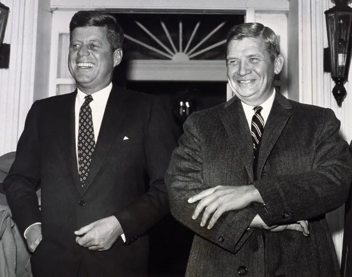 Framed Print : President-elect John F. Kennedy and North Carolina Governor-elect, Terry Sanford, meet with the press outside Kennedy's Georgetown home