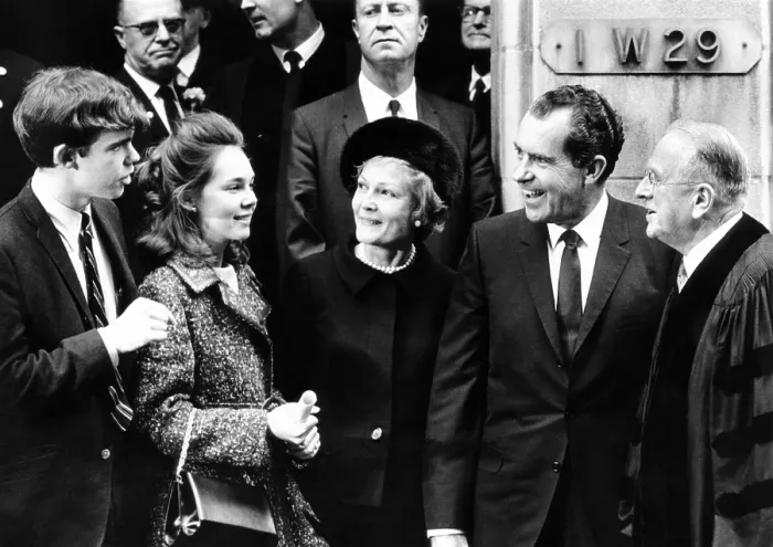 Framed Print : President-elect Richard Nixon and his family with Dr. Norman Vincent Peale. L-R: David Eisenhower, Julie Nixon, Pat Nixon, Richard Nixon, and Dr. Peale