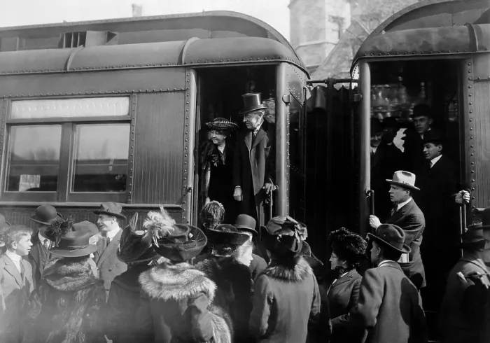 Framed Print : President elect Woodrow Wilson, surrounded by Princeton University undergraduates, boarding a train to Washington D.C. Princeton, New Jersey, 1913