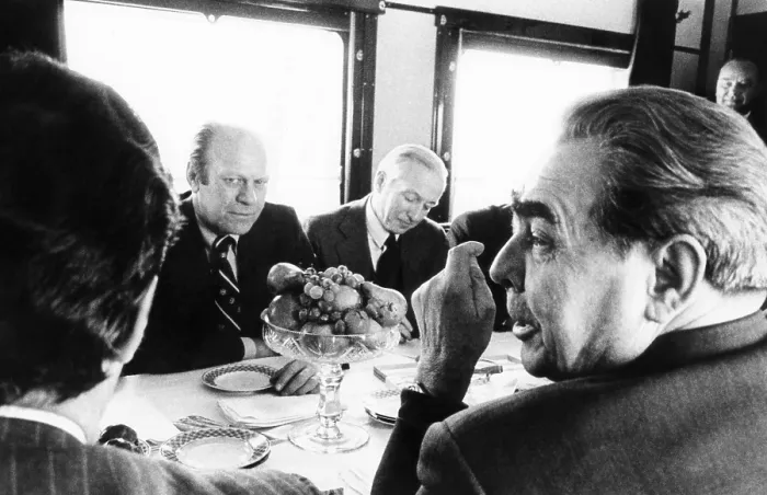 Framed Print : President Ford meets with Leonid Brezhnev and others aboard a Russian train to Vladivostok. Next to President Ford is Walter Stoessel, U.S. Ambassador to the Soviet Union