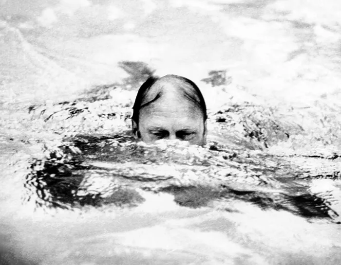 Framed Print : President Ford swimming in his backyard pool in Alexandria, Virginia, just three days after he assumed the Presidency. He would have a new outdoor pool built at the White House