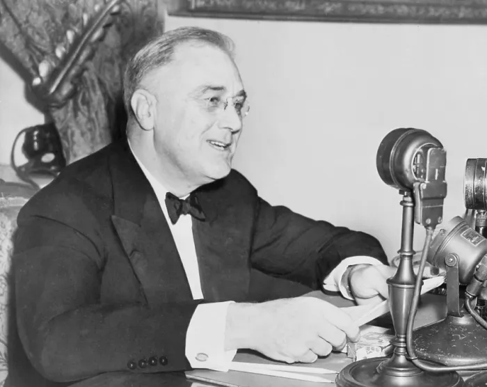 Framed Print : President Franklin D. Roosevelt (1882-1945), delivering a radio address on unemployment during the Great Depression. His policies supported labor unions and minimum wages
