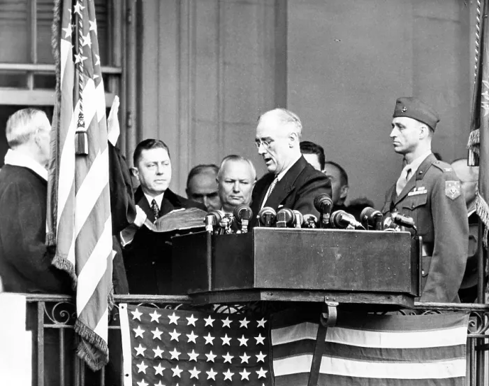 Framed Print : President Franklin D. Roosevelt (1882-1945), is sworn into office for his fourth term. L-R: Edwin A. Halsey, Secretary of the Senate, Charles Elmore Cropley, Clerk of U.S