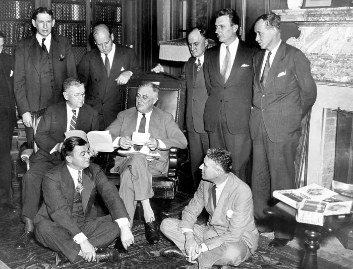 Framed Print : President Franklin D. Roosevelt, at work on the Works Relief Program. L-R, back: Charles West, Frank Walker, H. B Framed Print : President Franklin D. Roosevelt, at work on the Works Relief Program. L-R, back: Charles West, Frank Walker, H. B